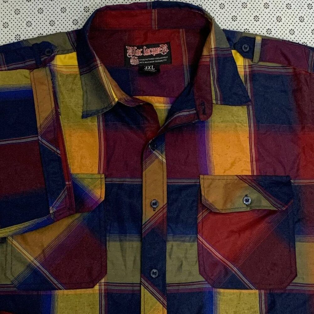 Blac Lacquer Men 3XL Plaid Short Sleeve Button Down Shirt Cotton Poly Navy Blue